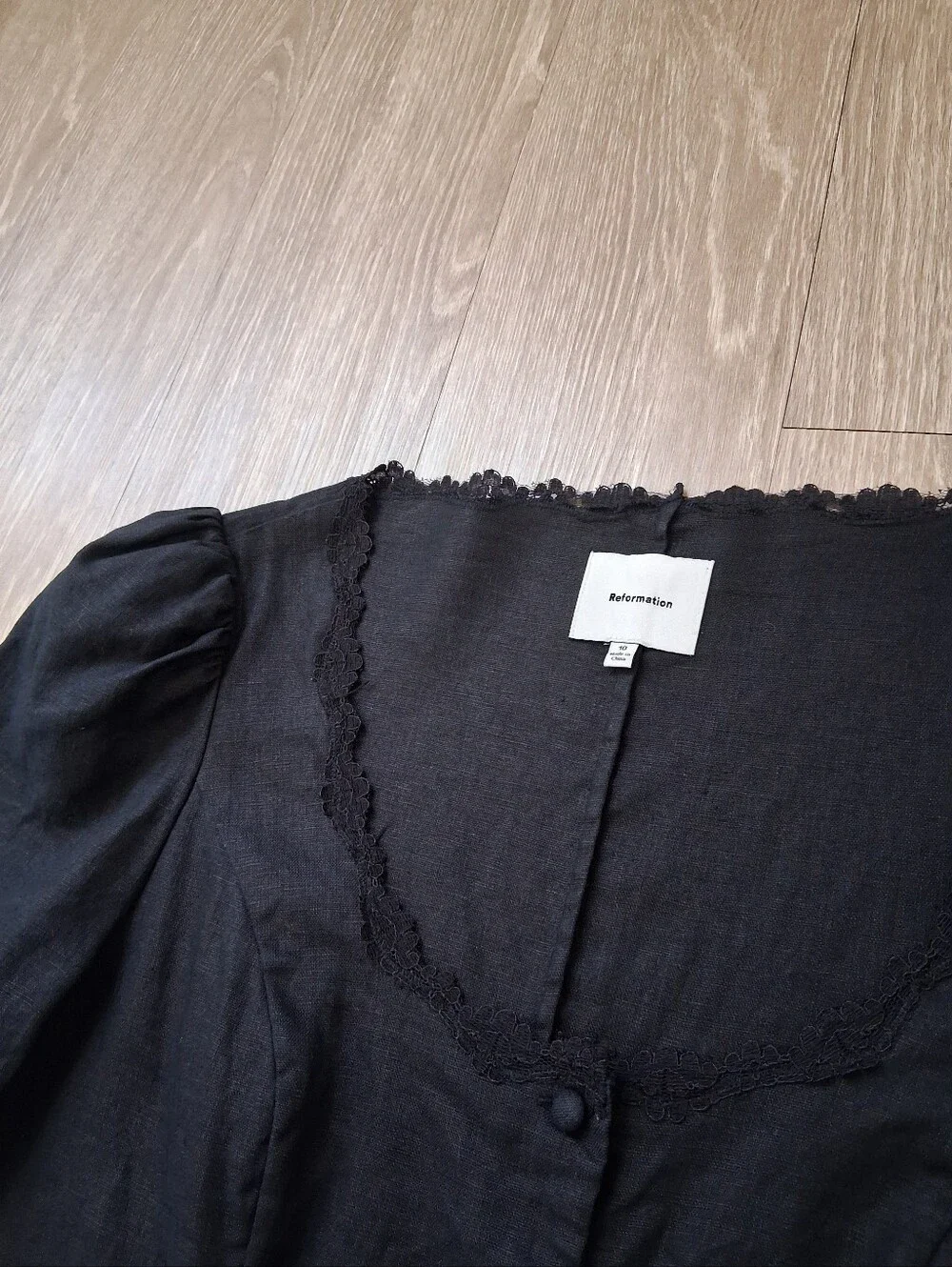 Reformation Anabella Black Linen Blouse Milkmaid Lace Parisian